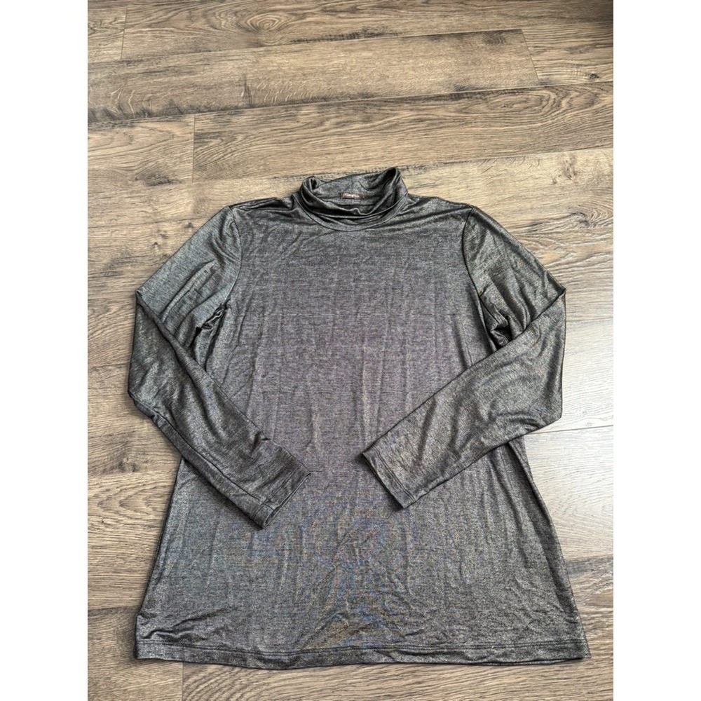 EUC Womens J McLaughlin Black shimmer mock neck blouse stretch Layering sz L